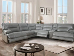Volos Grey Leather Power Recliner Sectional