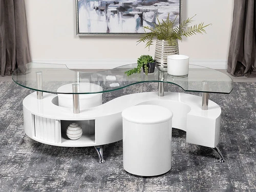 S Shape White Coffee Table W/ 2 Stools - Image 3
