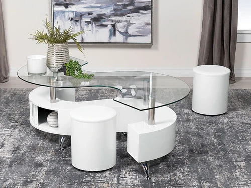 S Shape White Coffee Table W/ 2 Stools - Image 4