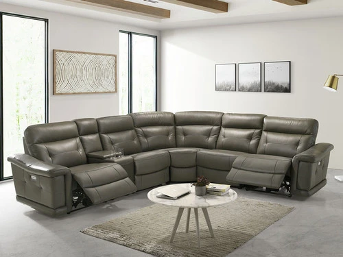 Sammit Grey Leather 2 Power Recliner 6 Pcs Sectional